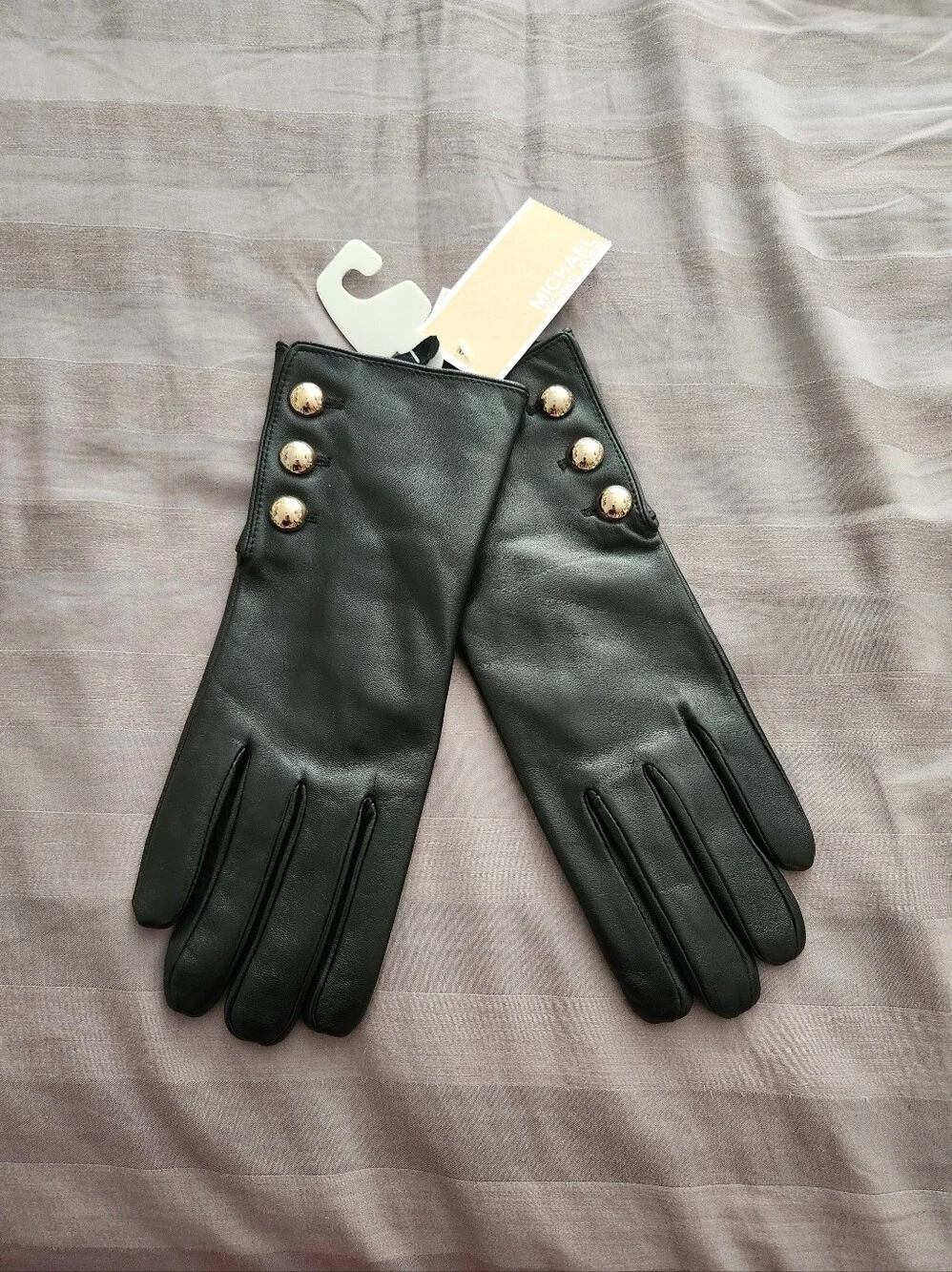 Michael Kors Black Leather Gloves with Gold Button Detail